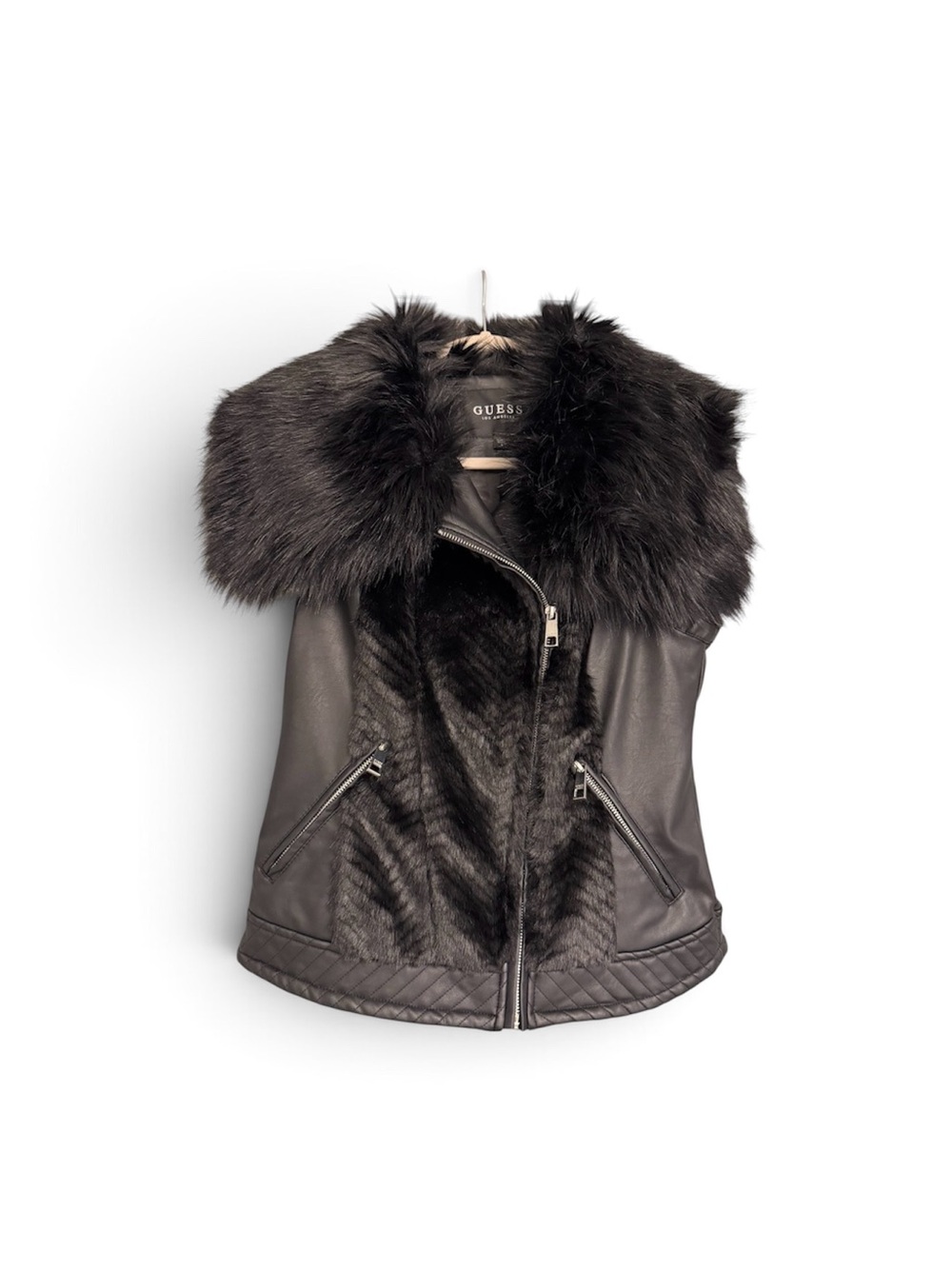 GUESS Black Faux Fur Collar Moto Vest